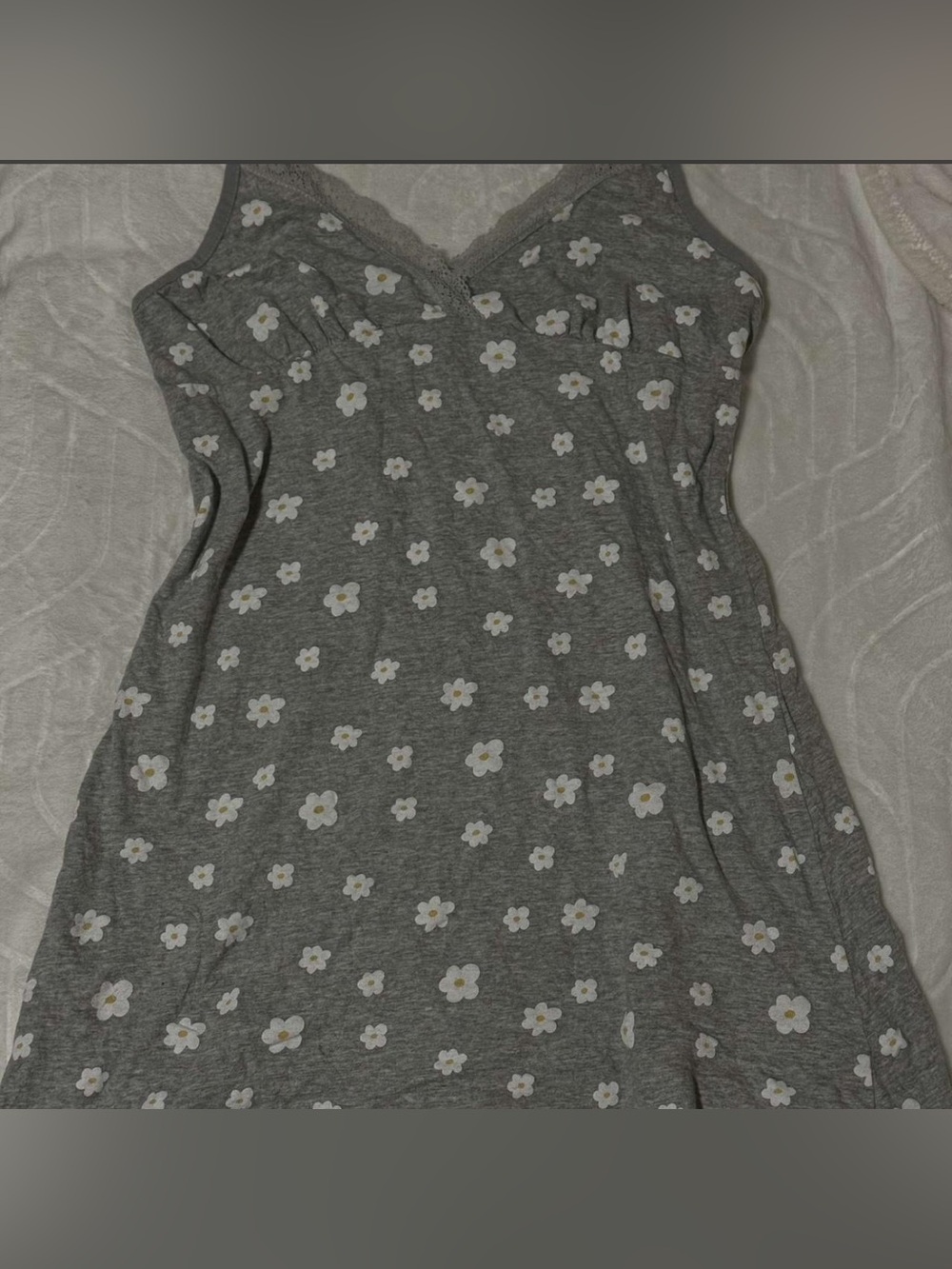 Gray Floral Lace-Trim Mini Dress